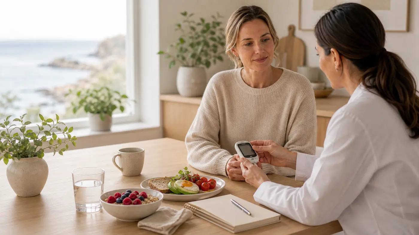 Patient och kliniker går igenom glukosmätare och balanserad frukost