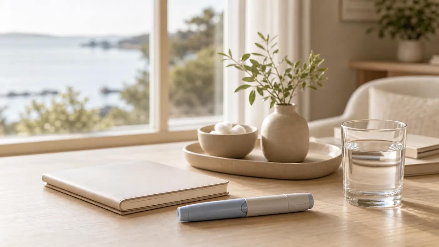 Generisk injektionspenna och behandlingsplan på ett ljust träbord