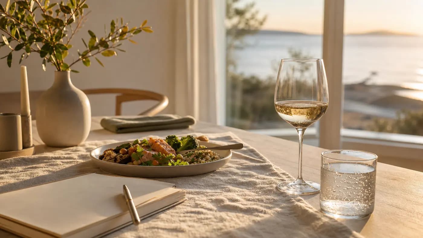 Vin, vatten och en balanserad måltid i en lugn hemmiljö