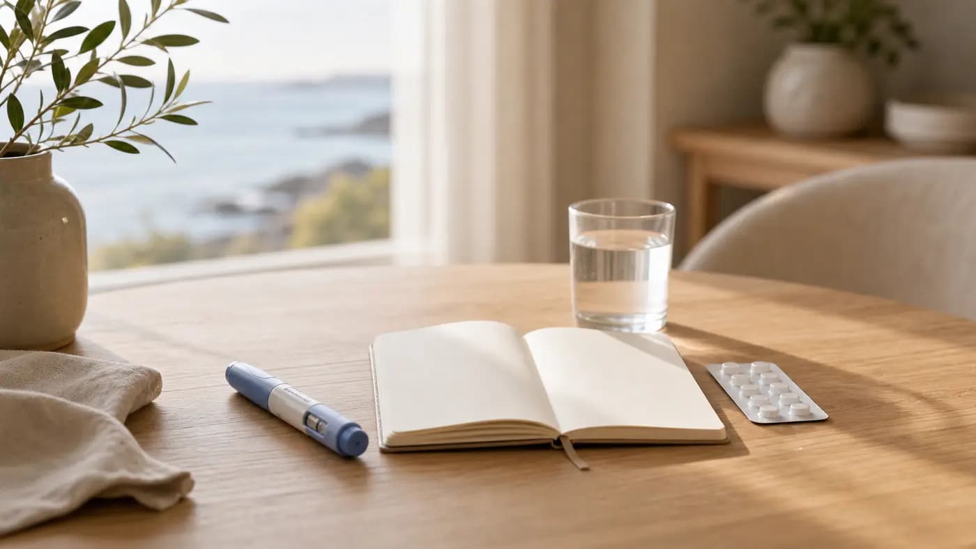 Generisk injektionspenna och tablettkarta jämförda på ett ljust bord