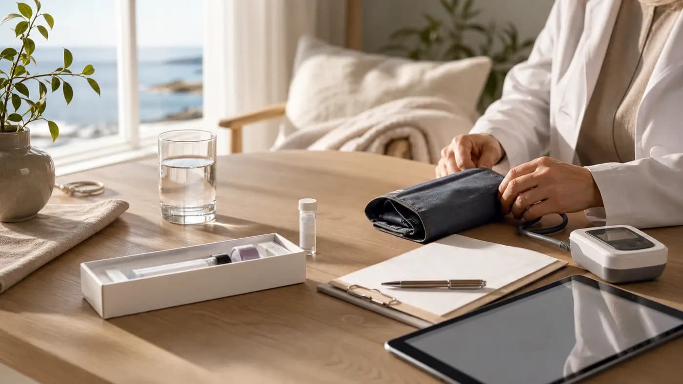 Uppföljning med blodtrycksmätare, provkit och vårdanteckningar